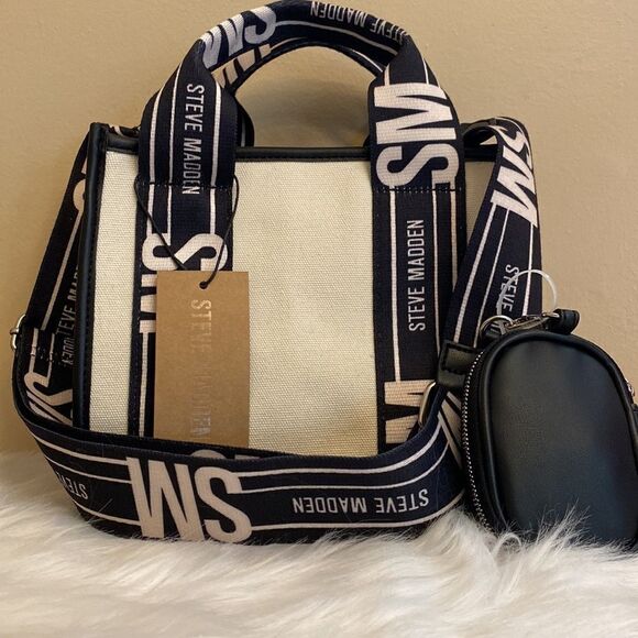 NWT Steve Madden (Bwebber) Canavs/Tote w/AirPod Case - Cream/Black - Picture 1 of 13